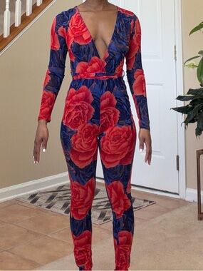 Deep V Floral Jumpsuit in Red and Blue